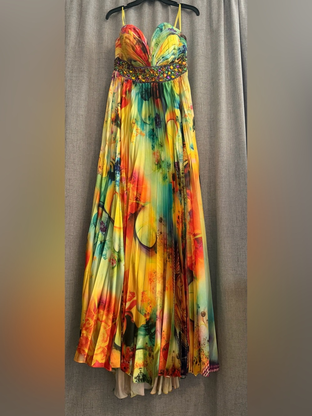Vibrant Yellow Multi-Color Pleated Evening Dress